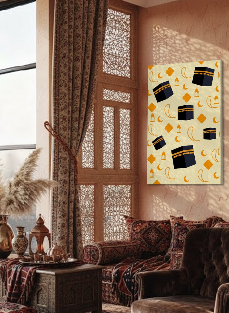 لوحة كانفاس على إطار خشبي بتصميم نمط الكعبة المشرفة وفانوس وهلال رمضان - Image 2